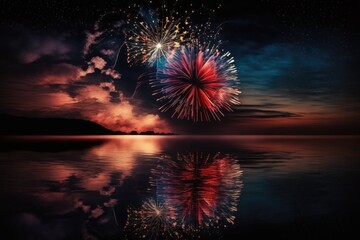 Canvas Print - Beautiful fireworks against a background of the night sky. Generative AI