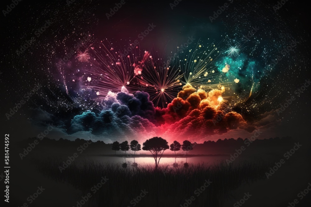 Distance Firework Background Black sky with colorful fireworks in the distance. Generative AI Stock ...