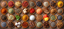 Colourful Background From Various Herbs And Spices For Cooking In Bowls