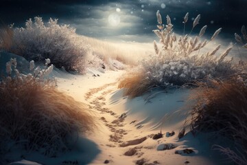 Poster - Landscape in winter with dry plants covered in frost and snowfall. Christmas in winter background. Generative AI