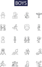 Boys Line Vector Icons And Signs. Male, Guys, Lads, Studs, Bro, Guys, Son, Boyfriend Outline Vector Illustration Set