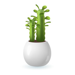 Wall Mural - Spurge cactus in flowerpot for home or office 3D illustration. Cartoon drawing of green plant with long stem in pot in 3D style on white background. Nature, houseplants, decor, botany concept