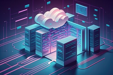 Poster - image of a server room with forms and data processing. an illustration of servers and the cloud comp
