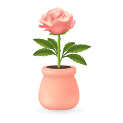 Wall Mural - Beautiful pink rose in pink flowerpot 3D illustration. Cartoon drawing of flower with thorns in pot for home or office in 3D style on white background. Nature, botany, spring, beauty, decor concept
