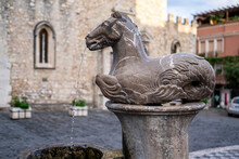 Sculpture Of A Horse In A Fountain In Taormina