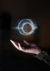 Leinwandbilder - Hand, world and hologram overlay with an interface of ai or 3d technology to access the metaverse for global networking. Globe, software or holographic with a person using a ux interface or dashboard