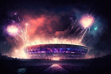 fireworks over the soccer stadium during the winning match. Generative AI