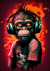 Monkey with headphones listening to music Generative Ai