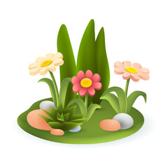 Wall Mural - Cute flowers and succulent in garden or meadow 3D illustration. Cartoon drawing of plants and stones on green grass in 3D style on white background. Nature, spring, botany, environment concept