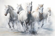 Watercolour abstract animal horse painting of white horses running through river stream water which could be used as a poster or flyer, computer Generative AI stock illustration image