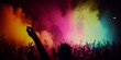 Crowded concert hall with scene stage orange and yellow lights with colorful smoke rock show performance, people silhouette, colourful confetti explosion fired. Generative AI technology