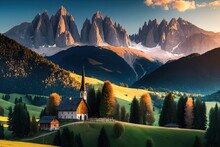 Val di Funes valley, Trentino Alto Adige region, Italy Sunset at renowned alpine Santa Maddalena village with enchanted Dolomites mountains in background. Generative AI