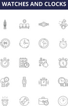 Watches And Clocks Line Vector Icons And Signs. Clocks, Timepieces, Chronometers, Timekeeping, Timers, Analogs, Digital, Quartz Outline Vector Illustration Set