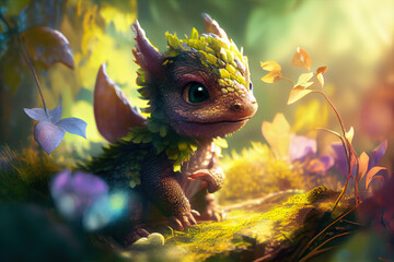 Wall Mural - Cute baby dragon in forest, illustration, created using AI tools