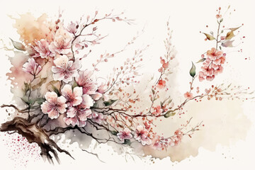 Poster - Cute Watercolor Sakura Flower Illustration AI Generative.