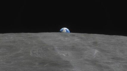 Wall Mural - lunar program, the spacecraft flies over the surface of the moon.the earth rises above the horizon o