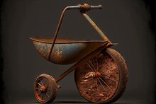 Old Rusty Unicycle Wheelbarrow On Dark Background, Created With Generative Ai