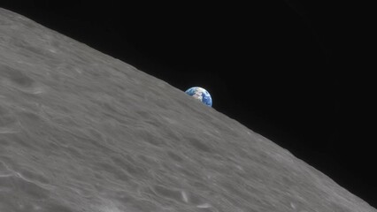 Wall Mural - Spacecraft flies over the surface of the moon.The Earth rises above the horizon of the Moon. Cinematic detailed 3d animation. Visualization of the space program