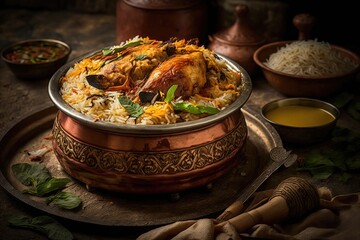Wall Mural - Hyderabadi Chicken Biryani Food Photos. Generative AI
