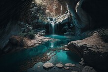 Exploring The Insanely Detailed Beauty Of A Waterfall Cascading Into Pools, Enhanced With Unreal Engine 5's Depth Of Field And Ultra-Wide Angle , Generative Ai