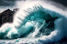 Dangerous Breaking Wave Crashing Against Rocks Of Seashore, Created With Generative Ai