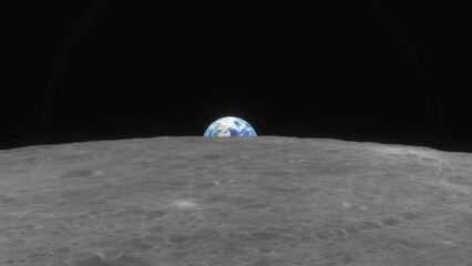 Wall Mural - spacecraft flies over the surface of the moon.The Earth rises above the horizon of the Moon. Cinematic detailed 3d animation. Visualization of the space program of flights to the