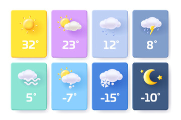 Wall Mural - Website or mobile app ui icon set for weather forecast. 3d modern render style soft shapes design