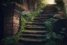 Vintage Stone Steps Typical City Staircase Made Of Antique Stone. Overgrown Vegetation On Old Brick Staircase. Ancient Stone Stairway Steps Up Close. Generative AI