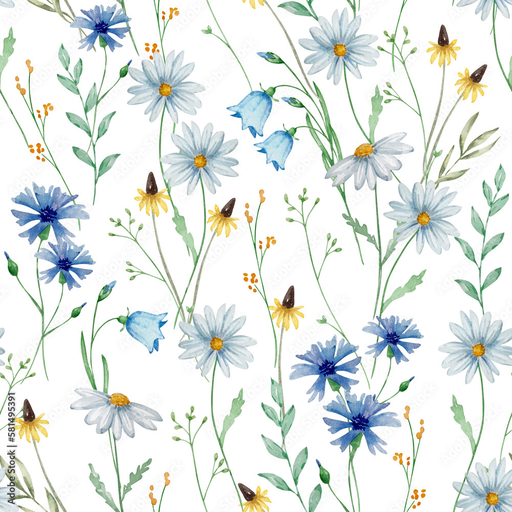 Seamless floral pattern of watercolor wildflowers Stock Illustration ...