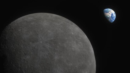 Wall Mural - lunar program, the spacecraft flies over the surface of the moon. planet earth seen against the back