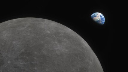 Wall Mural - lunar program, the spacecraft flies over the surface of the moon. planet earth seen against the back