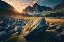 High Tatra Mountain Summer Landscape. Meadow With Huge Stones Among The Grass On Top Of The Hillside Near The Peak Of Mountain Range At Sunset. Generative AI