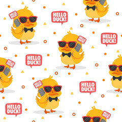 Wall Mural - Cute Duck with Glasses Cartoon Vectors Pattern Backgrounds.