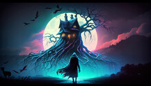 Spooky Treehouse, Full Moon, Wallpaper. Generated By Artificial Intelligence