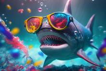 Colorful Toy Shark Attacking Underwater Wearing Colorful Sunglasses, Photorealism  Generative AI