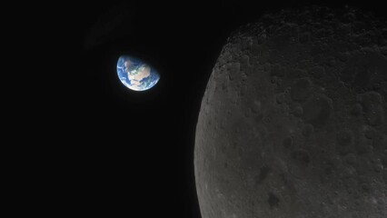 Wall Mural - lunar program, the spacecraft flies over the surface of the moon. planet earth seen against the back