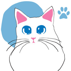 Naklejka na meble Chubby white cat with blue eyes over spots and blue paws. Minimalist art of domestic animals pets. Cute and with beautiful contrast.