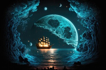 Night sea starry sky in harbor, blue sea water nebula, and a large moon on the water on the horizon are all depicted in this three dimensional illustration. Generative AI