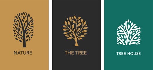 Wall Mural - Tree logo collection. Luxury logo templates . Tree of life branch with leaves, green house, nature concept