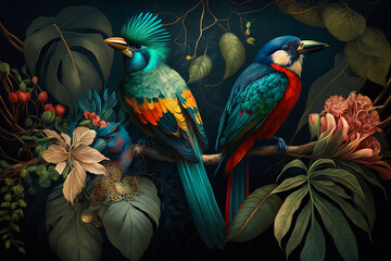 Wall Mural - beautiful two loving parrot. Generative AI