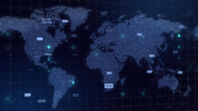 Digital World Map Dark Blue Hologram Background, Business And Technology Concept