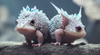 Two strange creatures similar to salamanders, with transparent crystals on their backs.
