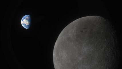 Wall Mural - lunar program, the spacecraft flies over the surface of the moon. planet earth seen against the back