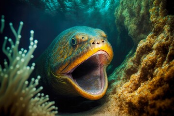 Sticker - moray eel has opened its mouth wide and is preparing to attack its prey., created with generative ai