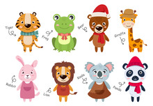 Wildlife Animals Collection . Flat Design Cartoon Characters . Tiger Frog Bear Giraffe Rabbit Lion Koala Panda . Vector .