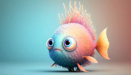 Wall Mural - Cute strange little fish colorful tail and big eyes. Generative AI.