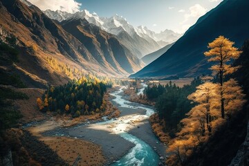 Poster - Incredible scene in Nepal in the fall with tall Himalayan mountains, a lovely curving river, green forest, blue sky with clouds, and yellow sunlight. valley in a mountain. visit the Himalayas. Nature