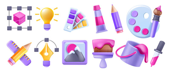 3d design art icon set, customise graphic creative badge kit, vector paint bucket brush, idea bulb. 