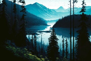 Wall Mural - dark blue mountain lake surrounded by forested hills, created with generative ai