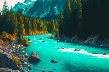 Wall Mural - mountain river with beaful turquoise water and overgrown green banks, created with generative ai